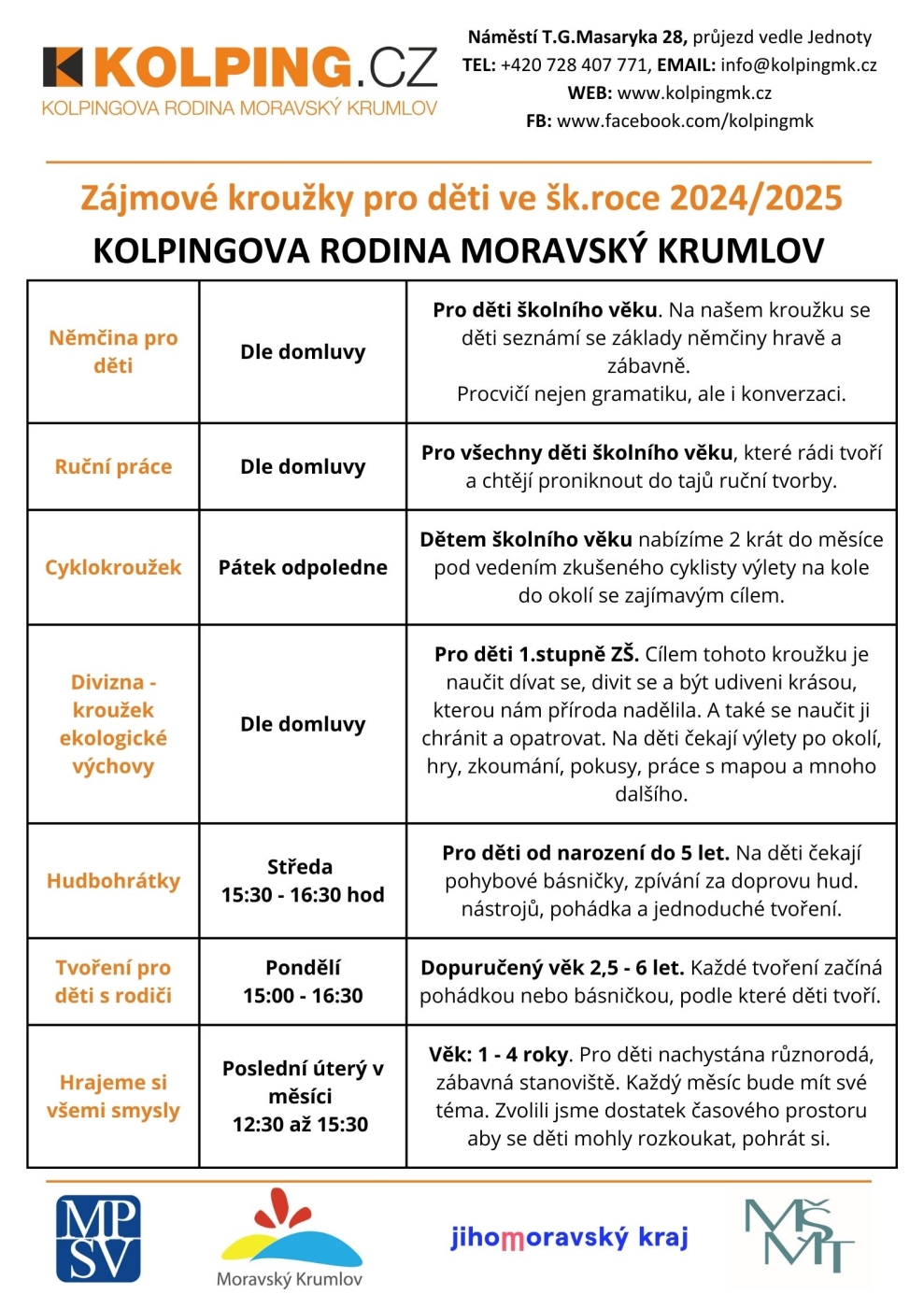 Volnočasové kroužky pro děti 2024/2025 Moravský Krumlov Volnočasové kroužky pro děti 2024/2025 Moravský Krumlov